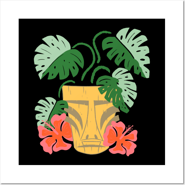 Potted Tiki Green Monstera Houseplant with Hibiscus Flowers Wall Art by ksrogersdesigns